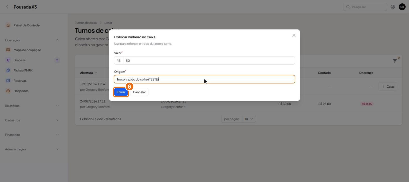 Tela do passo 5: No Suprimento, informe o valor e a origem do dinheiro, por exemplo troco trazido do cofre.