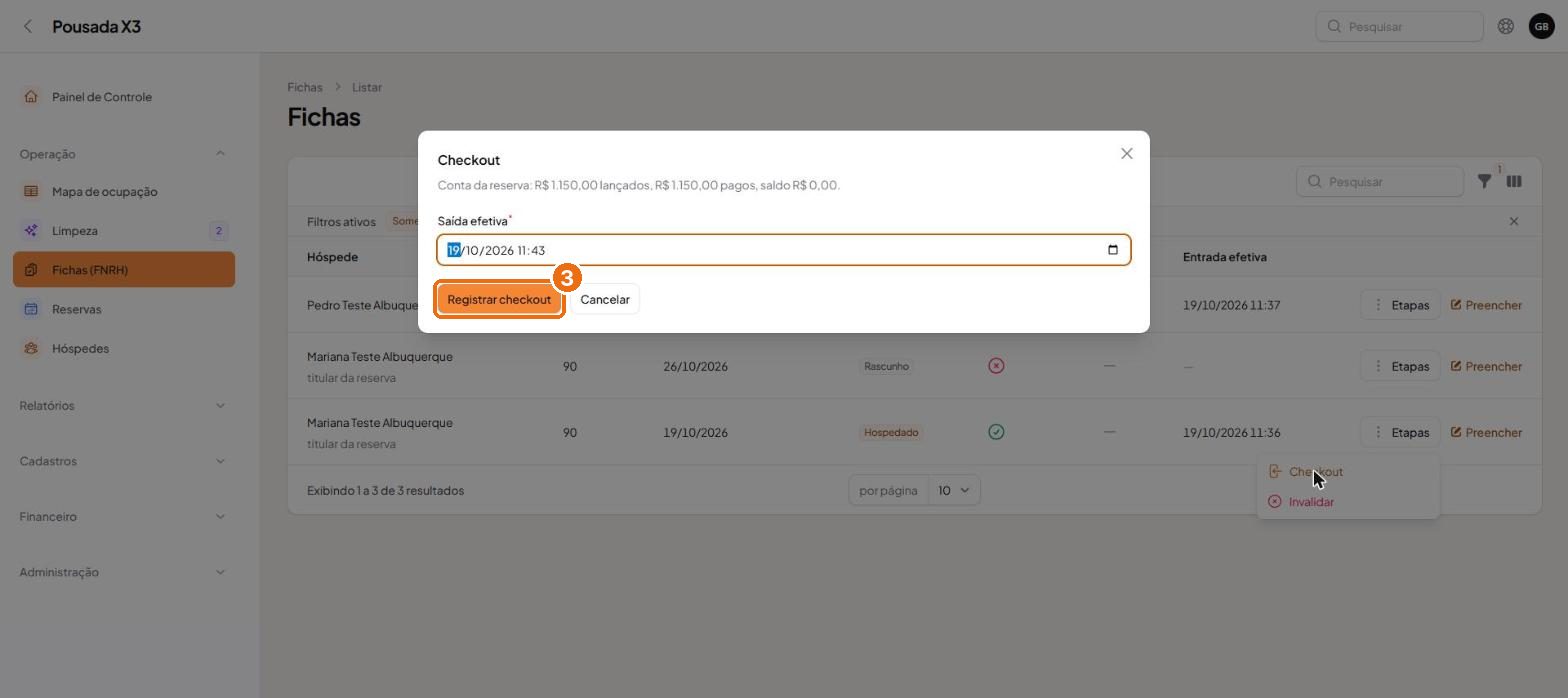 Tela do passo 2: A janela de checkout mostra a conta: lançado, pago e saldo. Confira a data e a hora reais de saída.