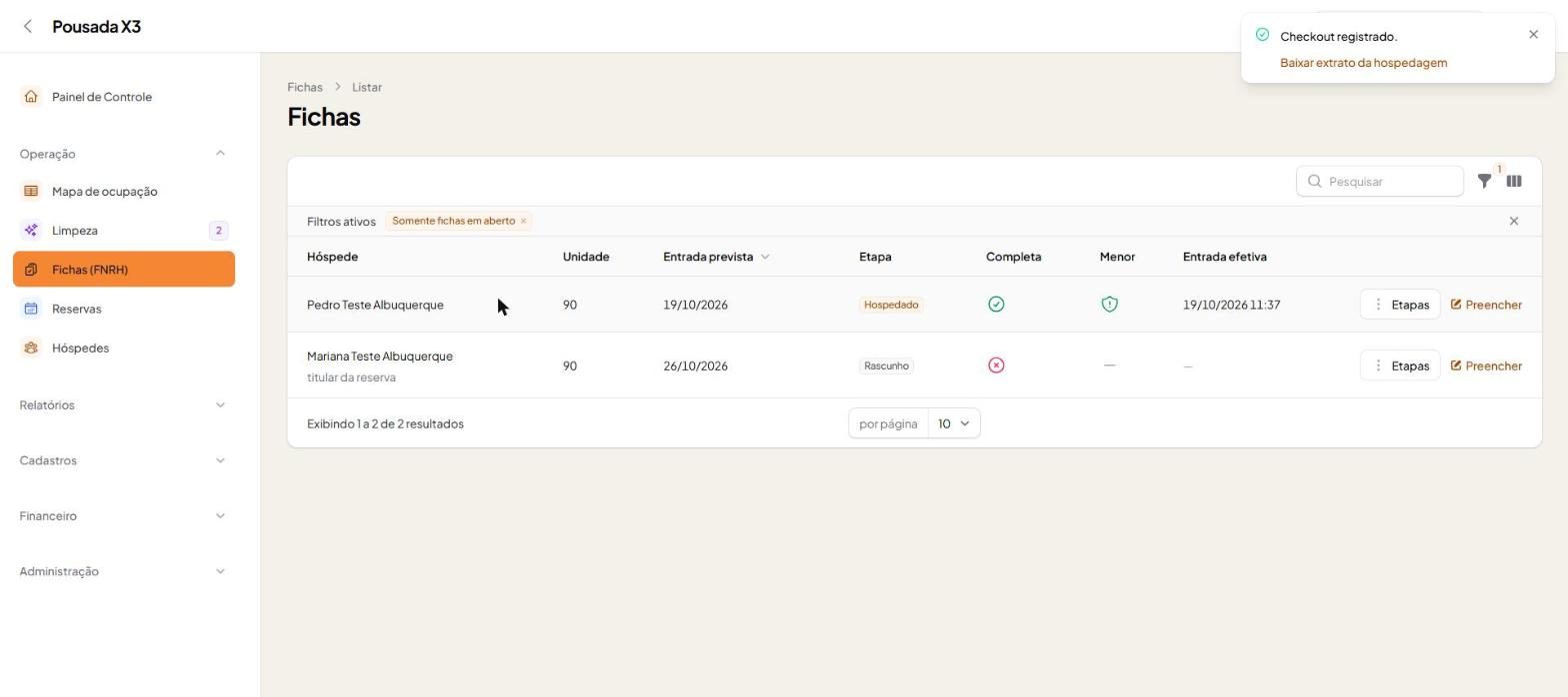 Tela do passo 3: Clique em Registrar checkout. O aviso traz o atalho Baixar extrato da hospedagem. Faça o checkout de cada fich