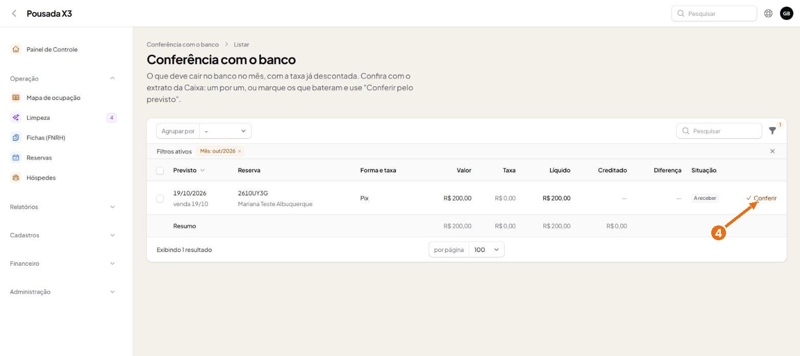 Tela do passo 3: Em Conferência com o banco aparece o que deve cair na conta no mês, já com a taxa descontada, para comparar co