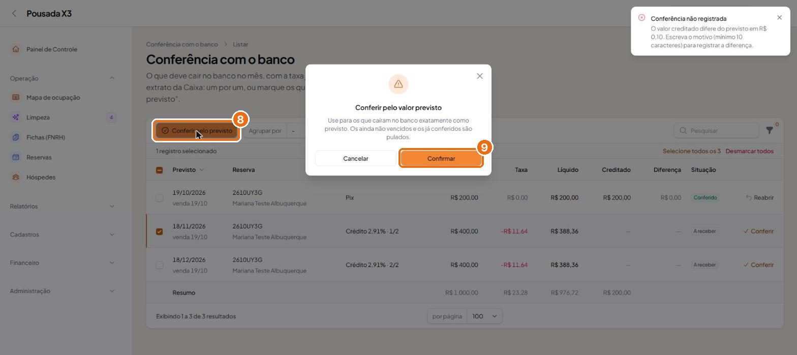 Tela do passo 8: Marque os itens que bateram e use Conferir pelo previsto para conferir em lote.