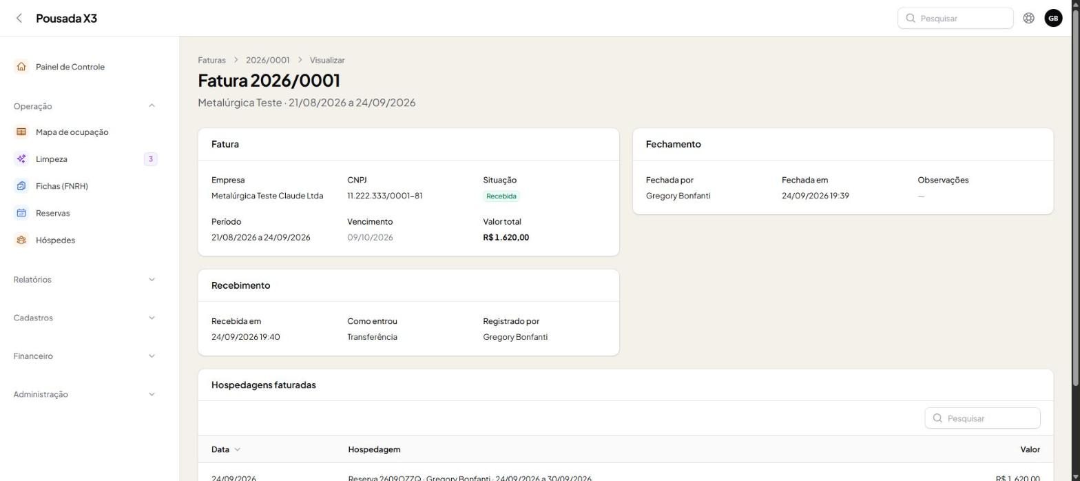 Tela do passo 7: O olho abre a fatura: empresa, período, vencimento, valor, quem fechou, como foi recebida e as hospedagens inc