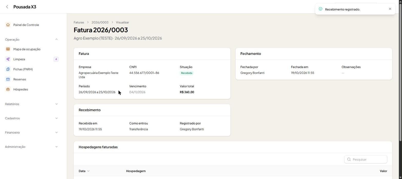 Tela do passo 17: A fatura fica Recebida, com data, forma e quem registrou.