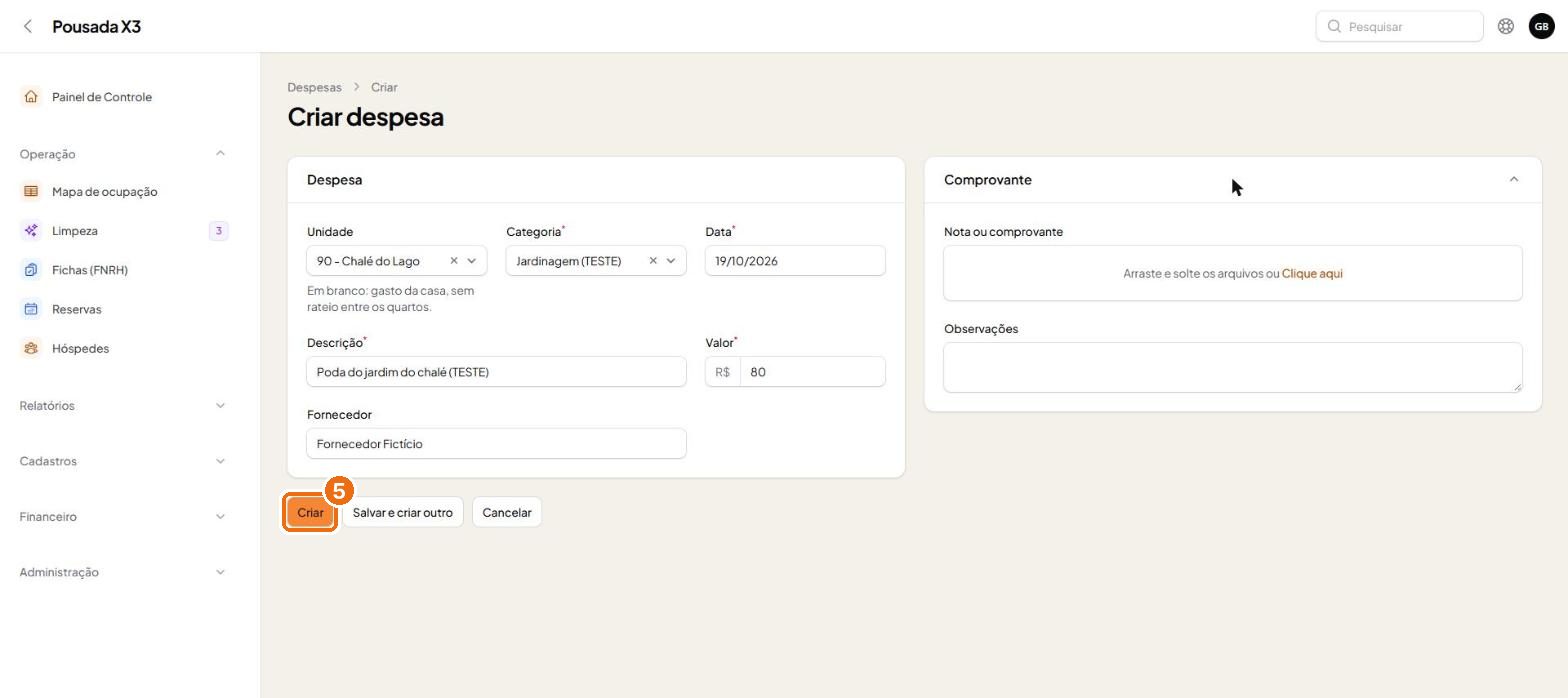 Tela do passo 4: Em Lançar despesa, escolha a unidade (em branco é gasto geral da casa), a categoria, a data, a descrição e o v