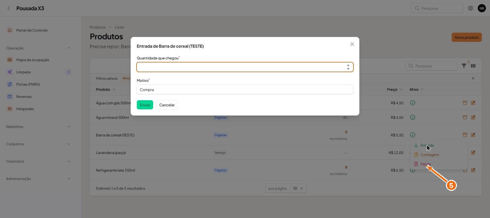 Tela do passo 4: Na Entrada, informe a quantidade que chegou e o motivo, por exemplo Compra.