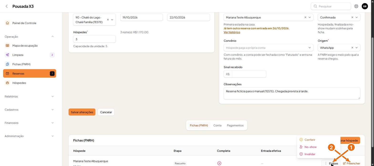 Tela do passo 1: A ficha FNRH do titular nasce junto com a reserva, na etapa Rascunho. No botão Etapas ficam Conferir, No-show