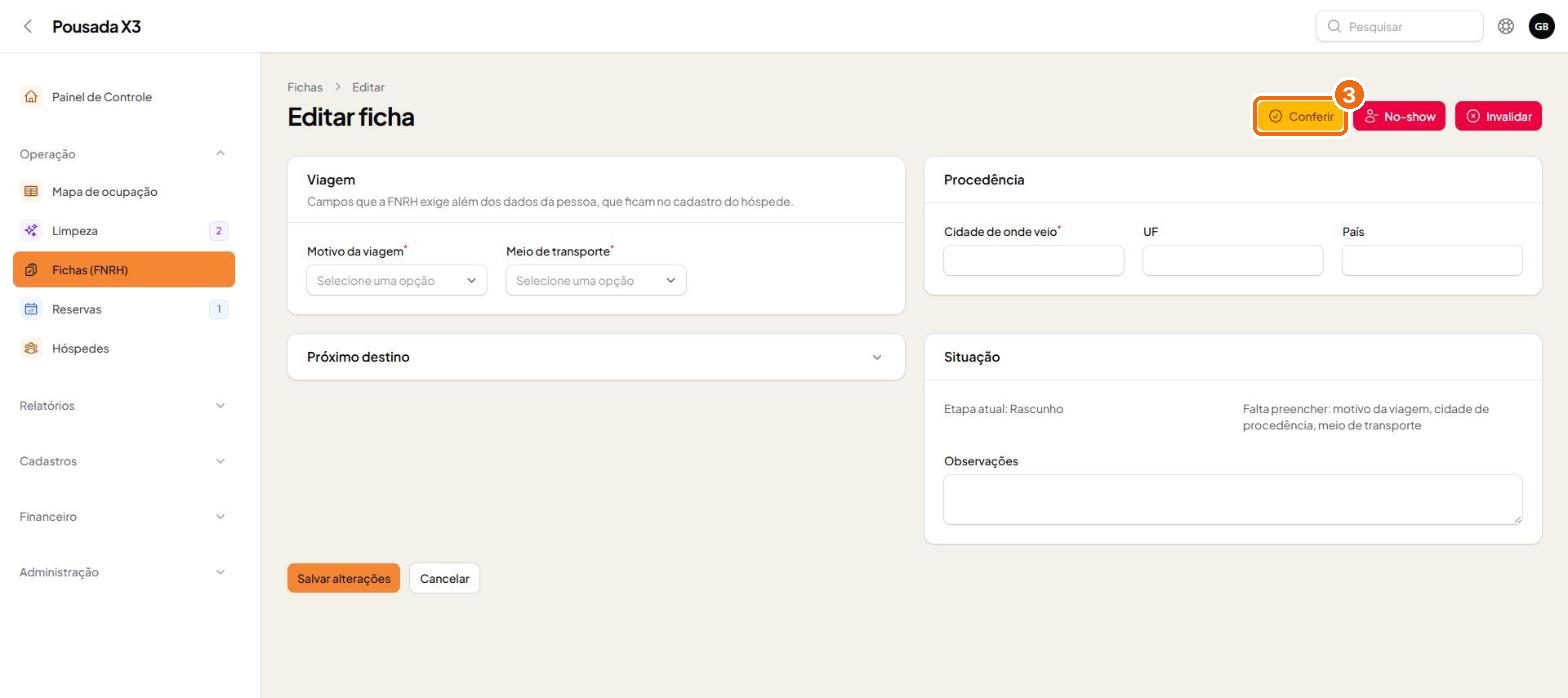 Tela do passo 2: Clique em Preencher. A ficha pede o que a FNRH exige além do cadastro: motivo da viagem, meio de transporte e