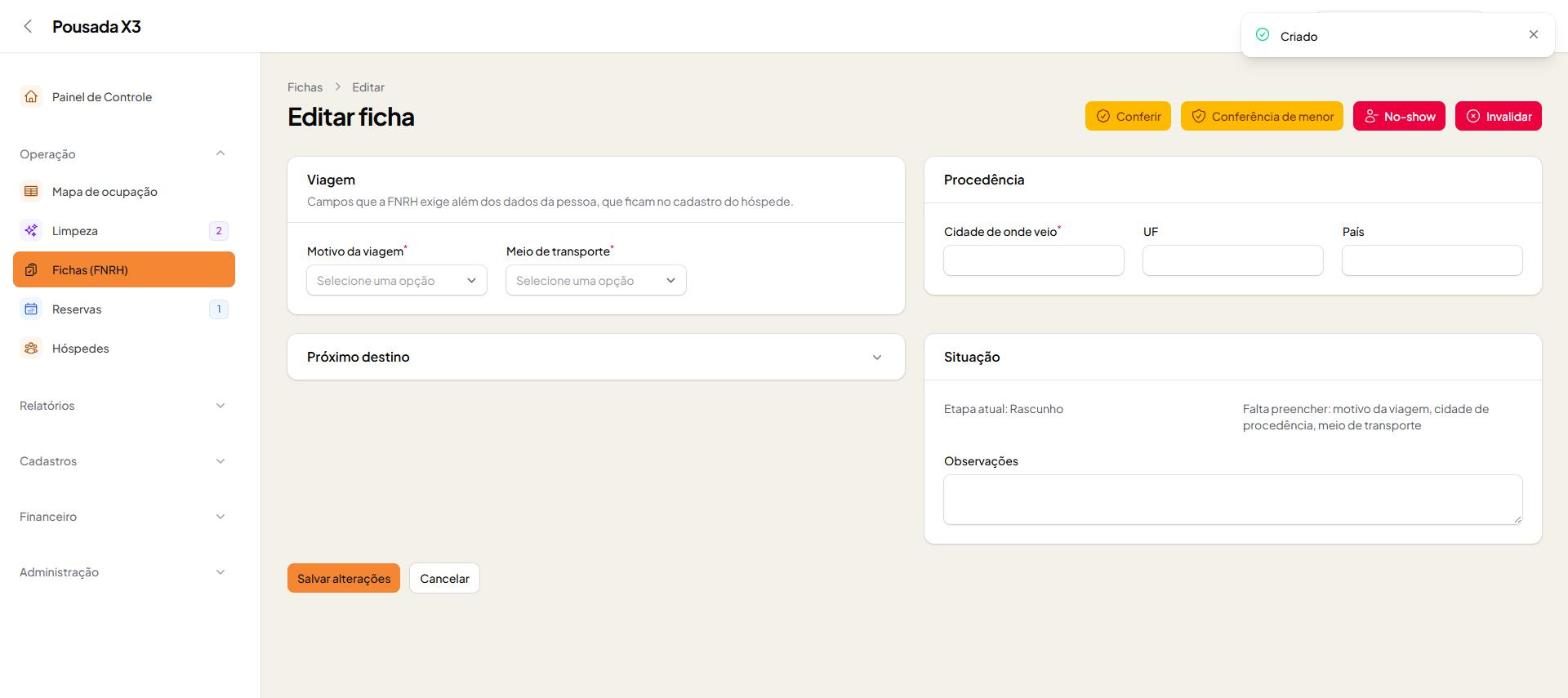 Tela do passo 11: Quando o hóspede é menor de idade, a ficha ganha o botão Conferência de menor.