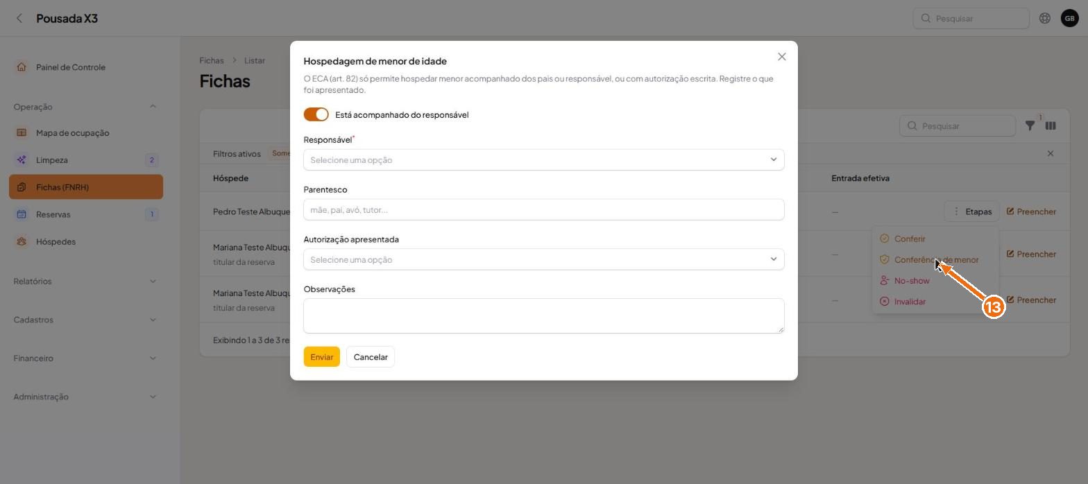 Tela do passo 13: Em Etapas, Conferência de menor, registre se a criança está com o responsável, quem é ele e o parentesco.