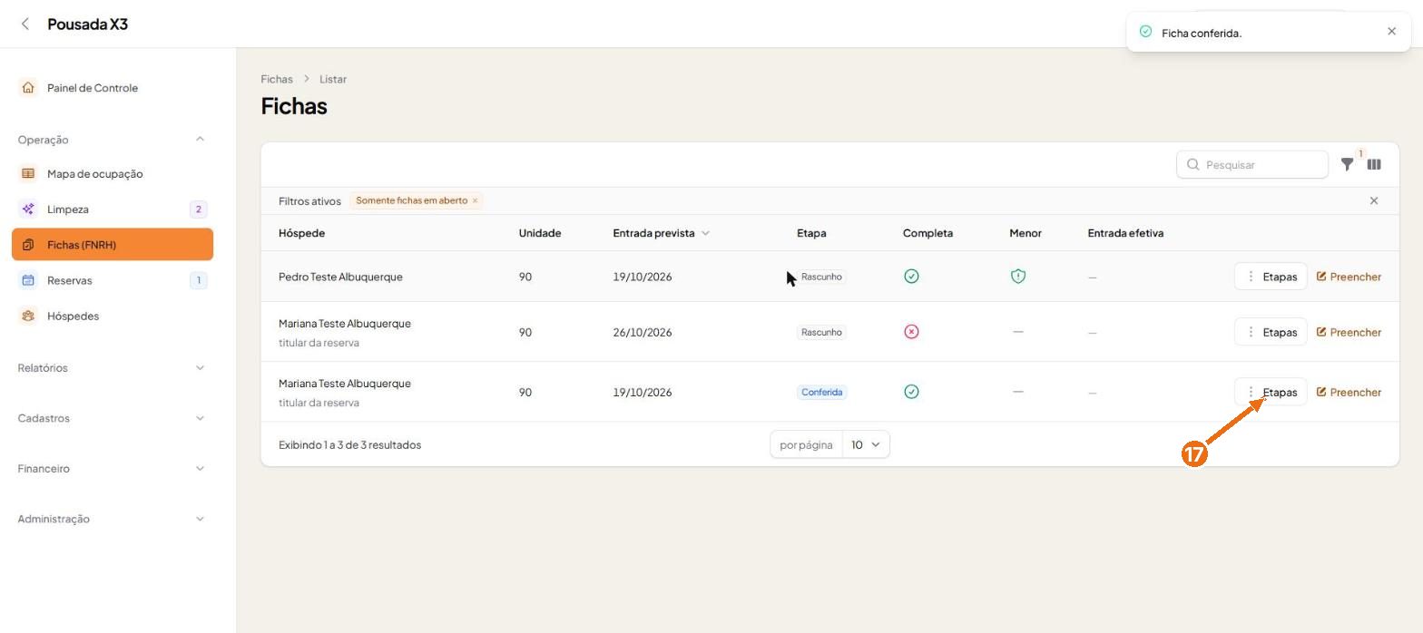 Tela do passo 16: Agora confira a ficha da titular em Etapas, Conferir. A etapa passa de Rascunho para Conferida.