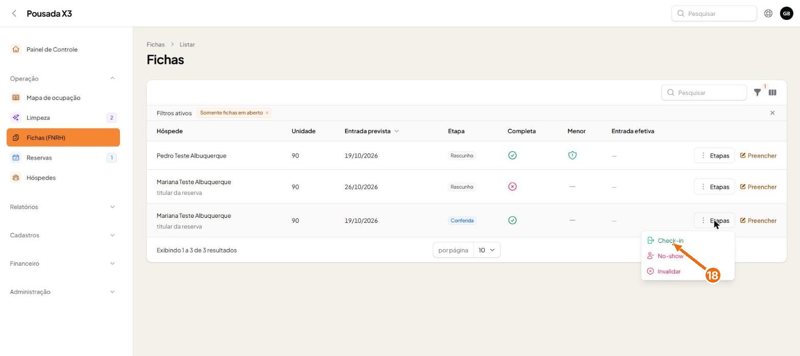 Tela do passo 17: Com a ficha conferida, o menu Etapas oferece o Check-in.
