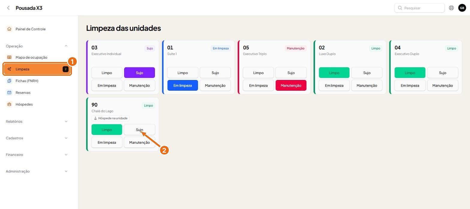 Tela do passo 1: Em Operação, Limpeza, cada unidade é um cartão com a situação atual. O número ao lado do menu mostra quantas u