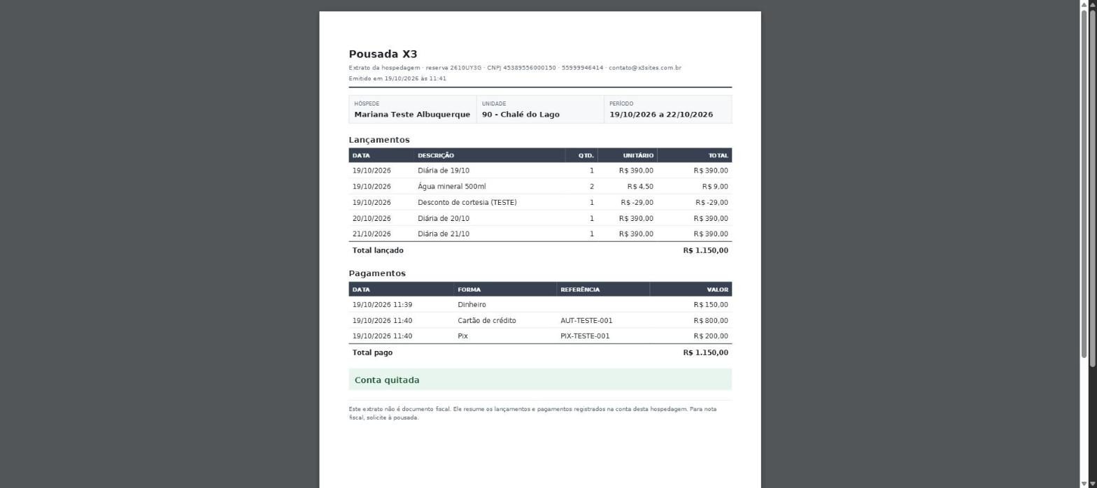 Tela do passo 10: O extrato traz os dados da pousada, o hóspede, a unidade, o período, cada lançamento, cada pagamento e a situa