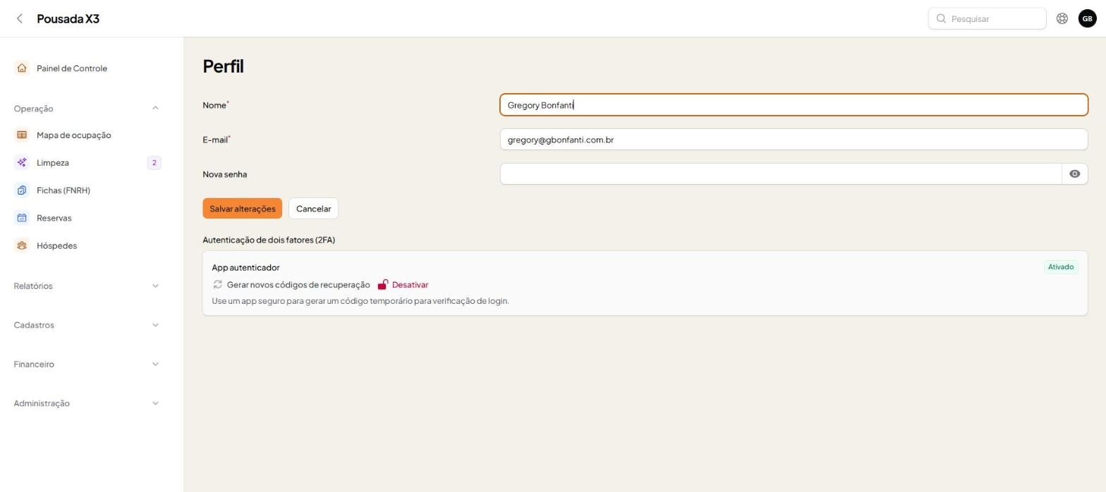 Tela do passo 7: Em Perfil você troca o nome, o e-mail e a senha, e gerencia o app autenticador (segundo fator).