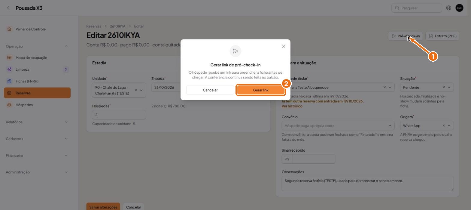 Tela do passo 1: Para adiantar a ficha, abra a reserva e clique em Pré-check-in. O hóspede preenche os dados antes de chegar; a