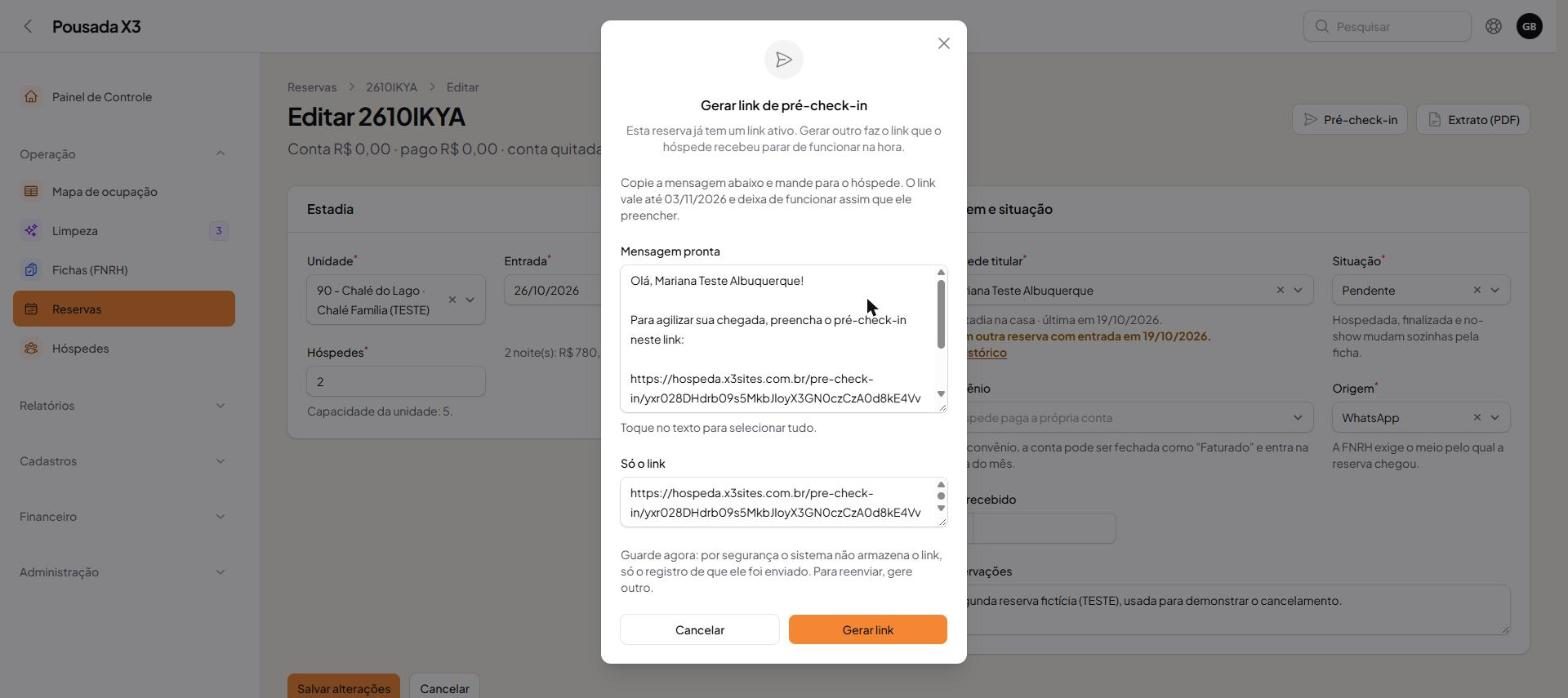 Tela do passo 2: Clique em Gerar link. O sistema mostra uma mensagem pronta para copiar e mandar pelo WhatsApp, e o link sozinh