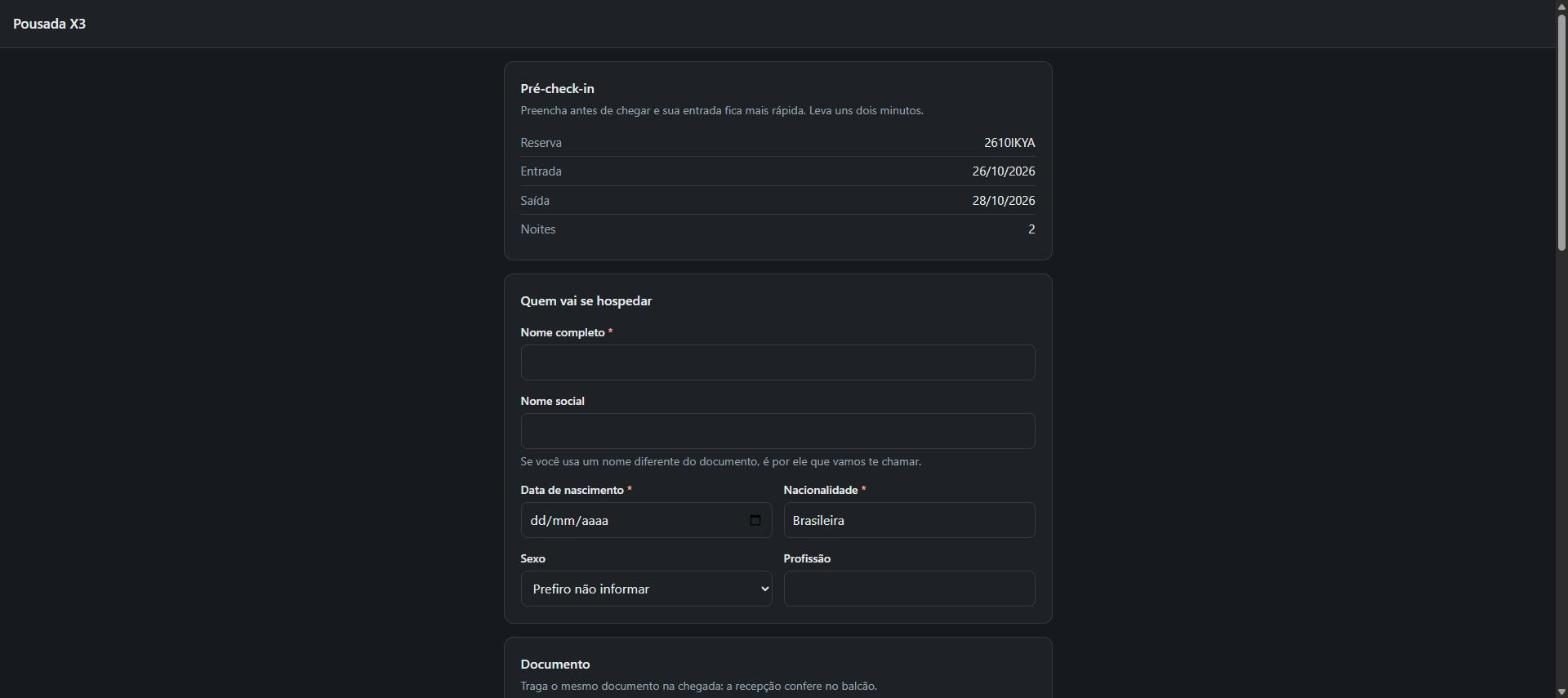Tela do passo 3: O hóspede abre o link no celular e vê a reserva, as datas e o formulário com a cor da pousada.