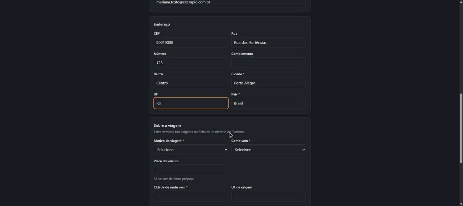 Tela do passo 4: Ele preenche pessoa, documento, contato, endereço e os dados da viagem que a FNRH exige.