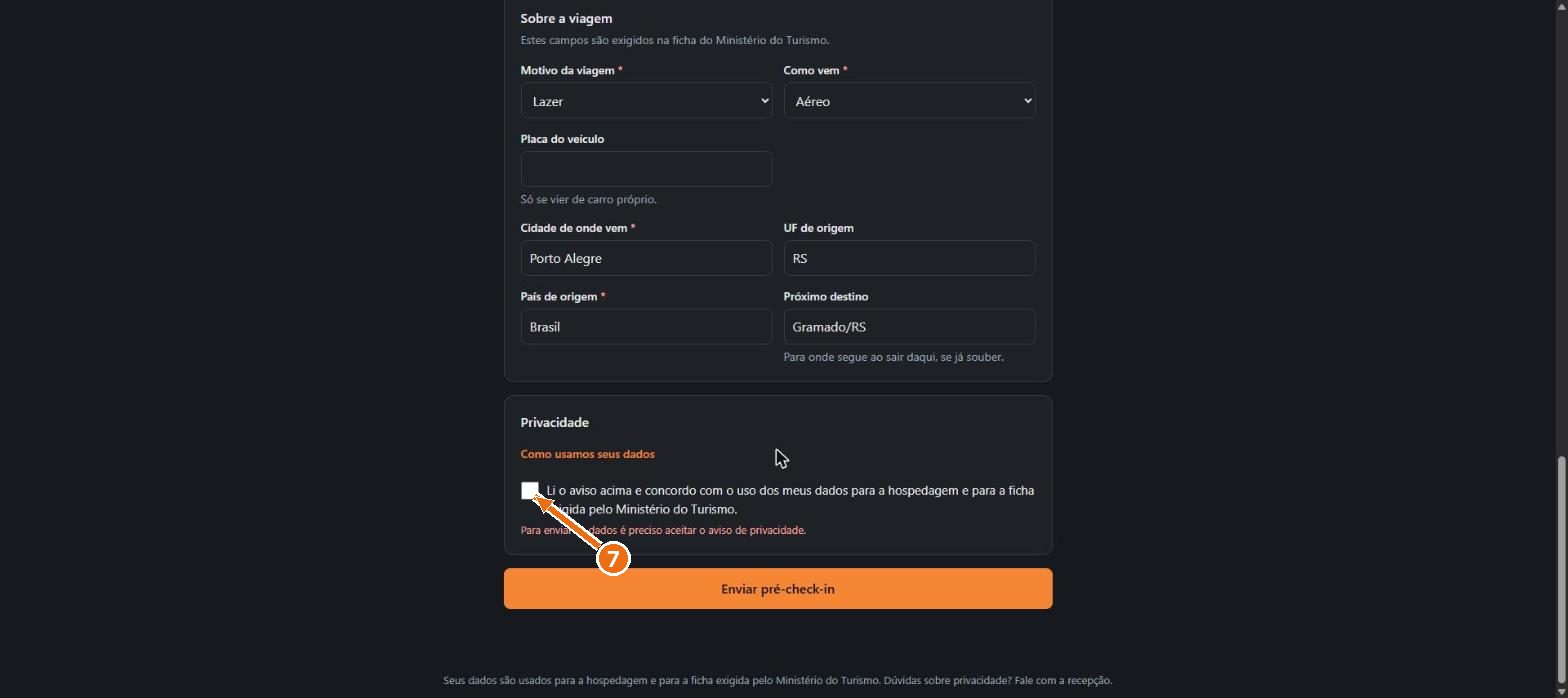 Tela do passo 6: Sem aceitar o aviso de privacidade, o envio não passa: Para enviar os dados é preciso aceitar o aviso de priva