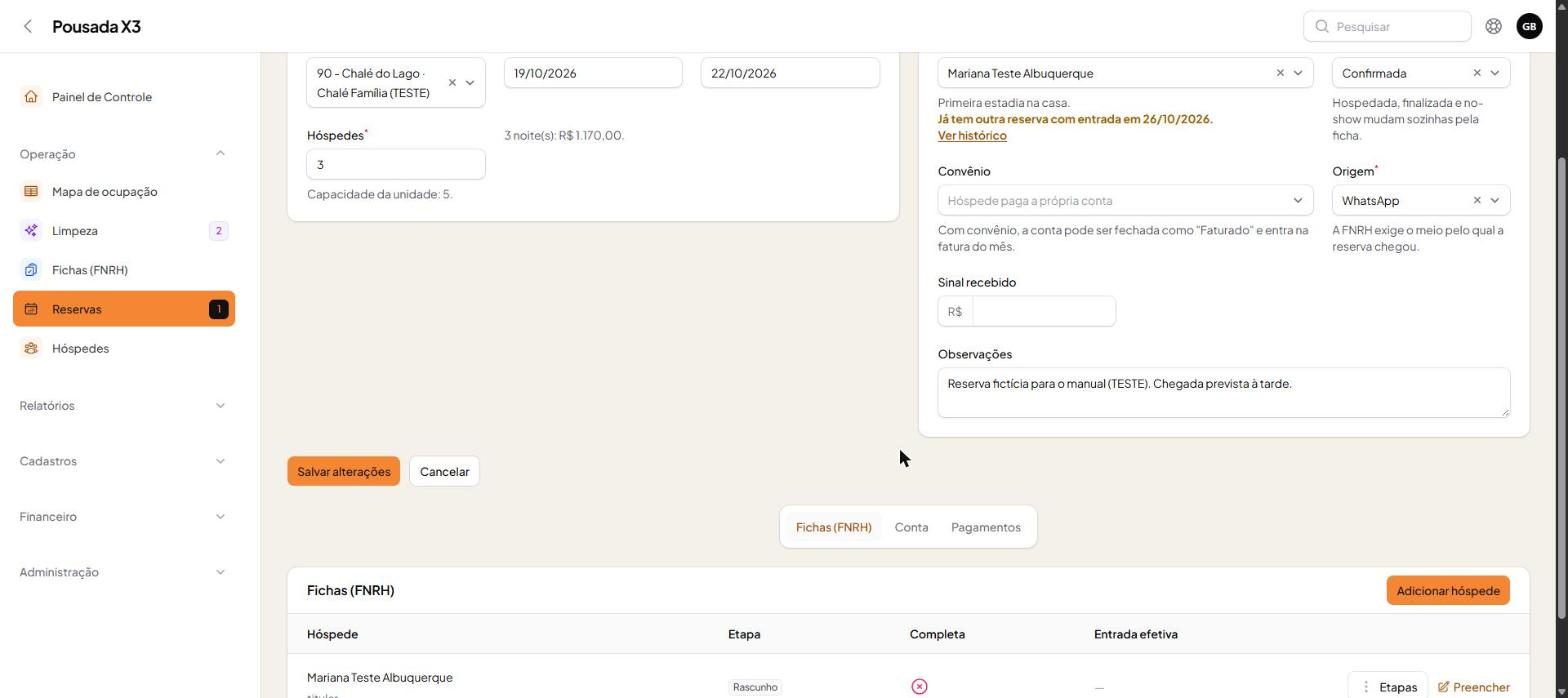 Tela do passo 11: Mais abaixo ficam três abas: Fichas (FNRH), Conta e Pagamentos. É daqui que sai o check-in.